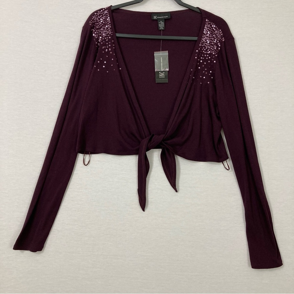 New INC International Concepts‎ Purple Plum Sequins Tie Front Knit Top XL
